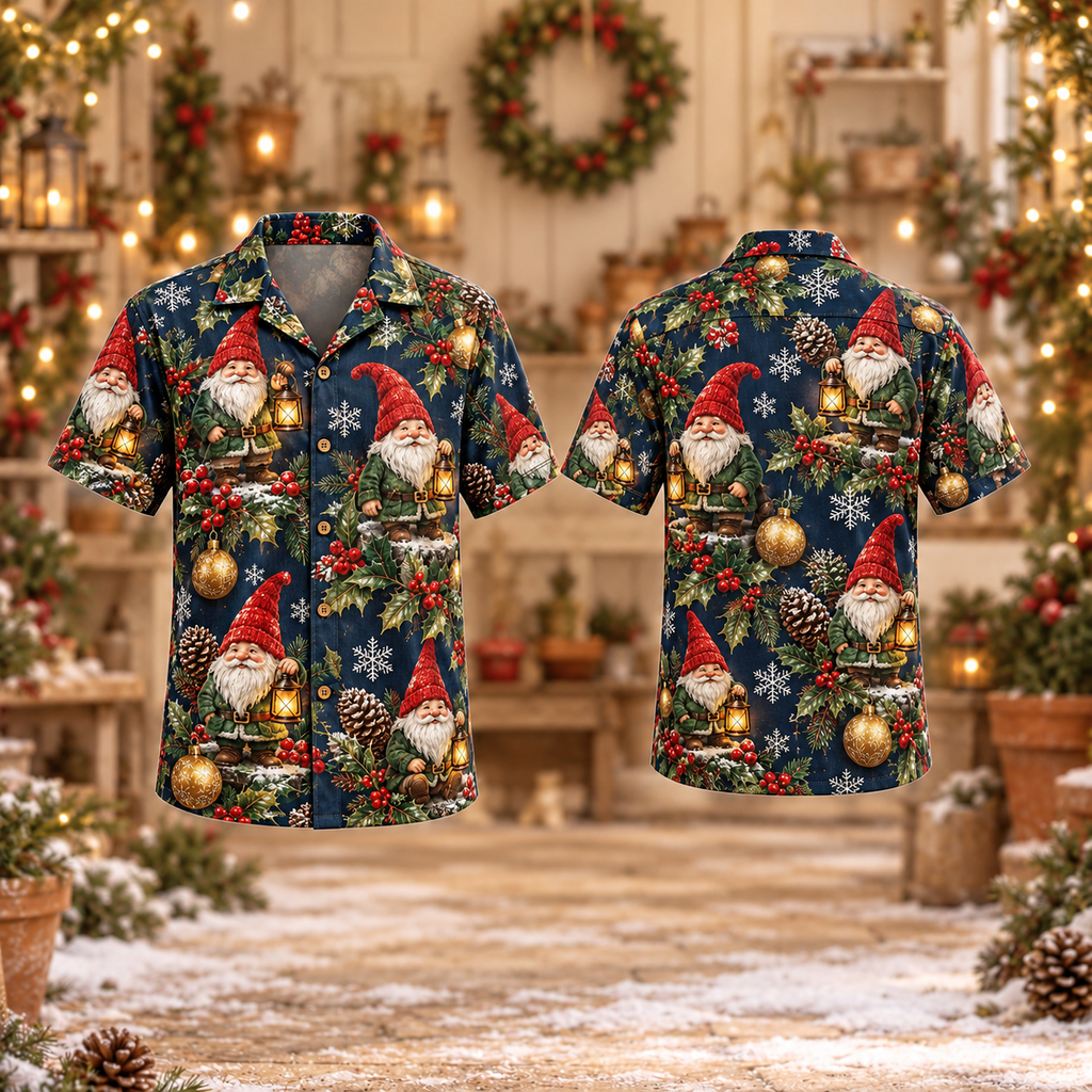 AlohaVero Christmas garden gnomes Hawaiian shirt, front and back views