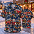 AlohaVero Christmas fire-trucks Hawaiian shirt, front and back views