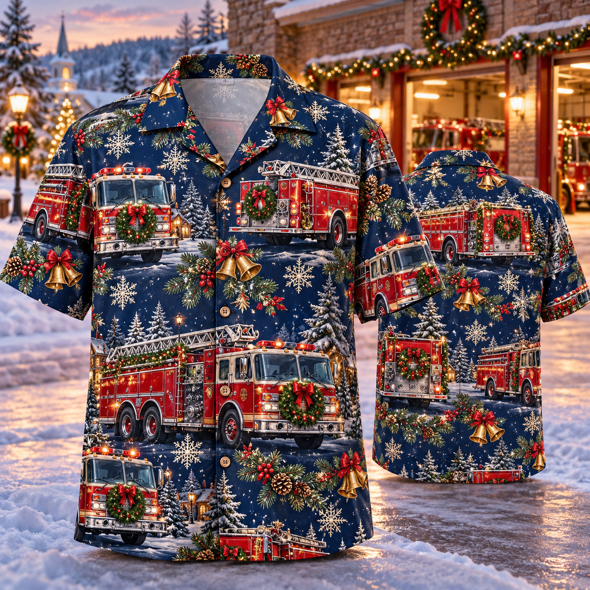 AlohaVero Christmas fire-trucks Hawaiian shirt, front and back views