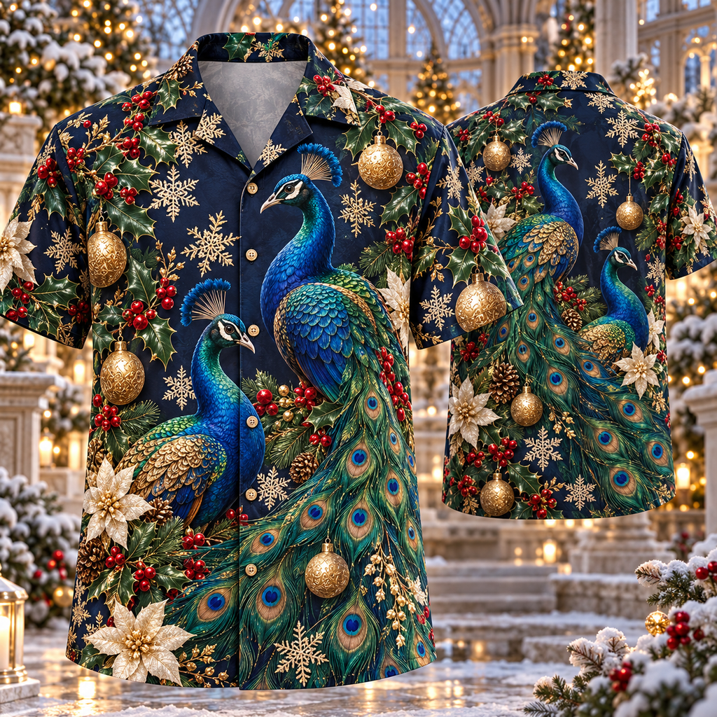 AlohaVero Christmas peacocks Hawaiian shirt, front and back views