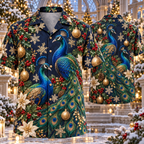 AlohaVero Christmas peacocks Hawaiian shirt, front and back views