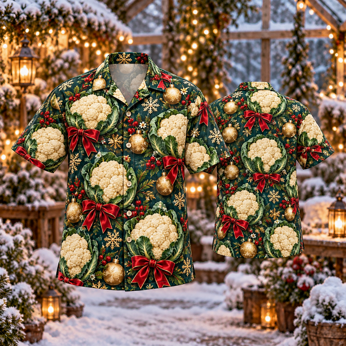 AlohaVero Christmas cauliflowers Hawaiian shirt, front and back views