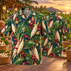 AlohaVero Christmas arrowroot Hawaiian shirt, front and back views