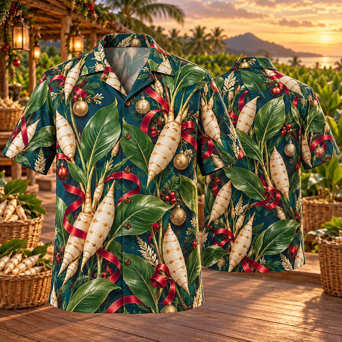 AlohaVero Christmas arrowroot Hawaiian shirt, front and back views