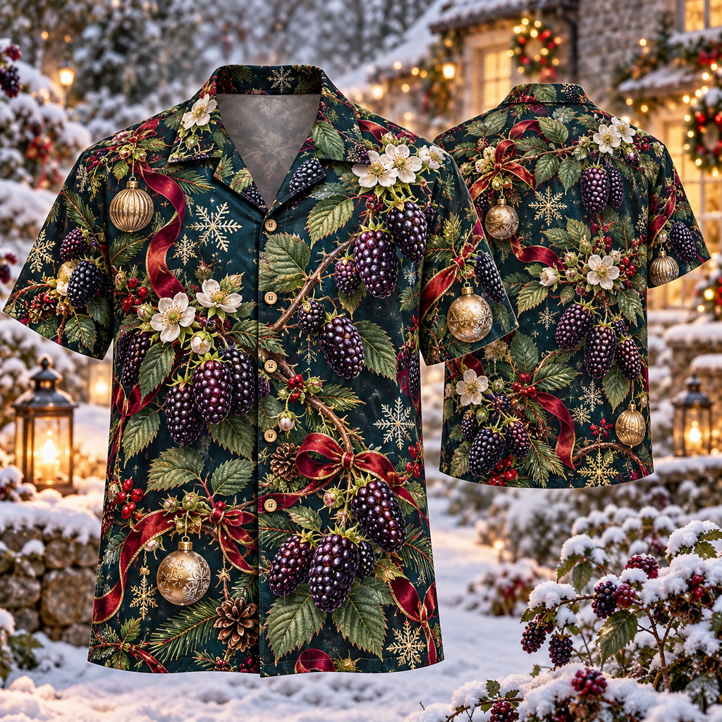 AlohaVero Christmas blackberries Hawaiian shirt, front and back views