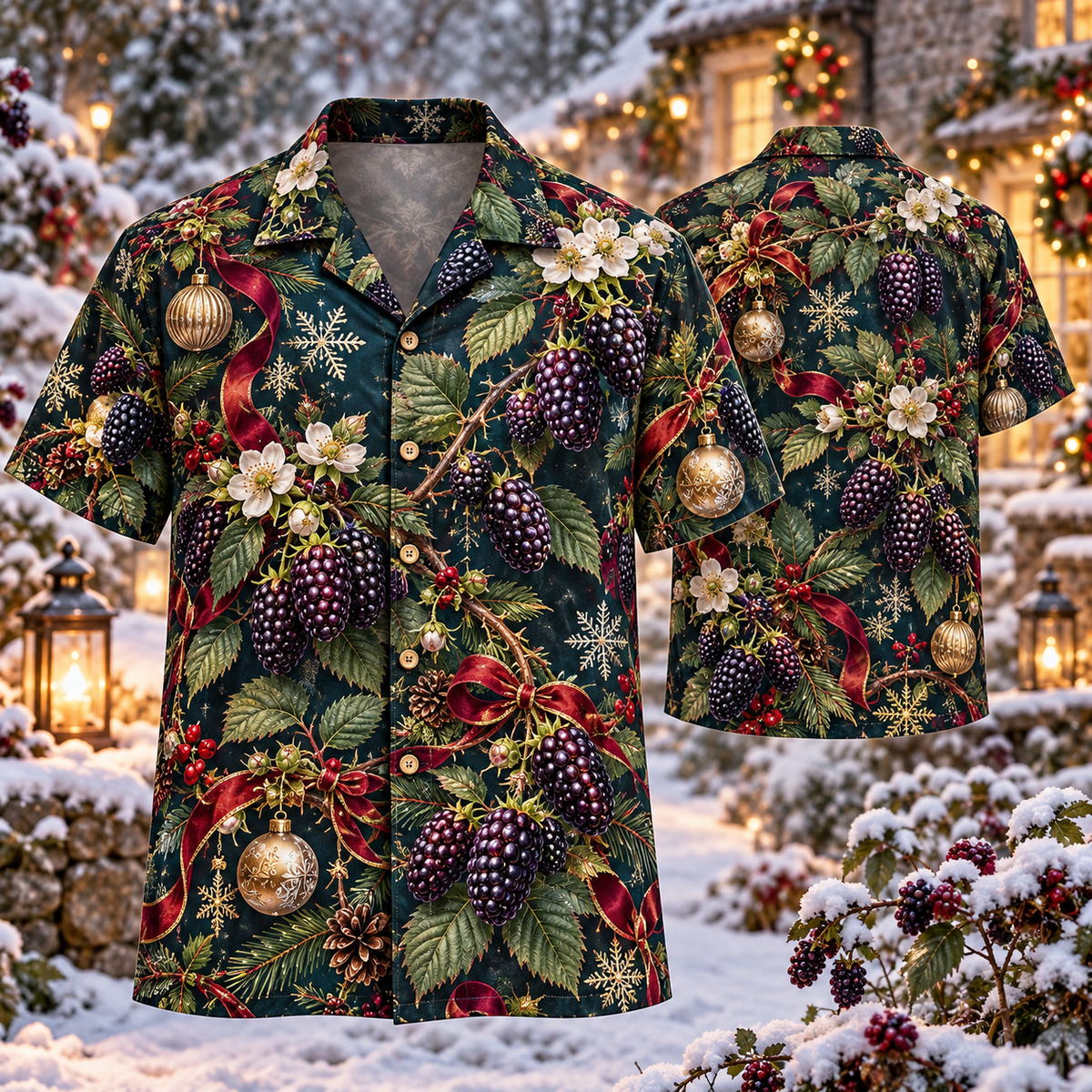 AlohaVero Christmas blackberries Hawaiian shirt, front and back views