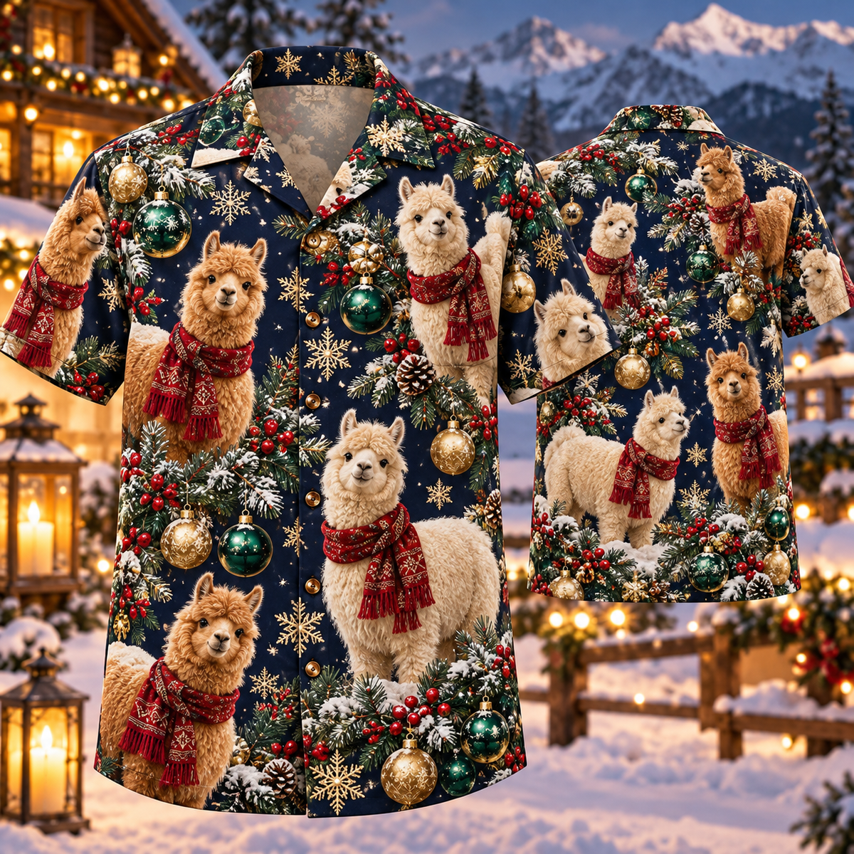 AlohaVero Christmas alpacas Hawaiian shirt, front and back views