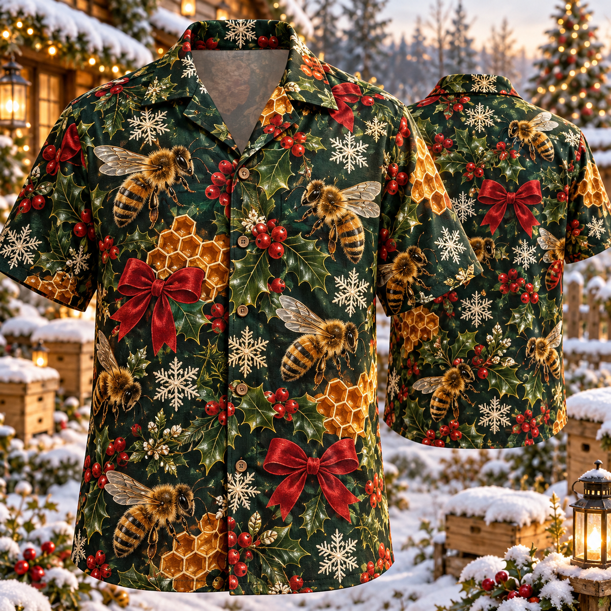 AlohaVero Christmas honeybees Hawaiian shirt, front and back views