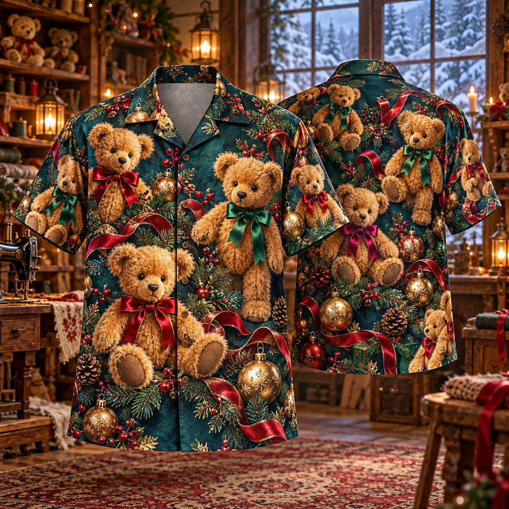 AlohaVero Christmas teddy bears Hawaiian shirt, front and back views