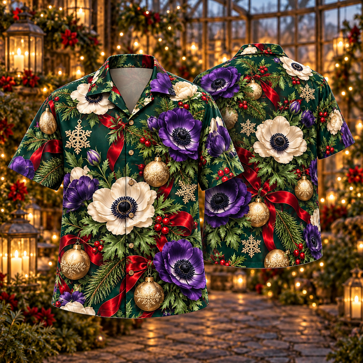 AlohaVero Christmas anemones Hawaiian shirt, front and back views