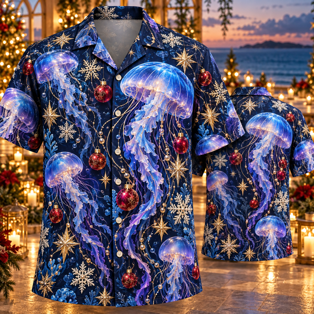 AlohaVero Christmas jellyfish Hawaiian shirt, front and back views