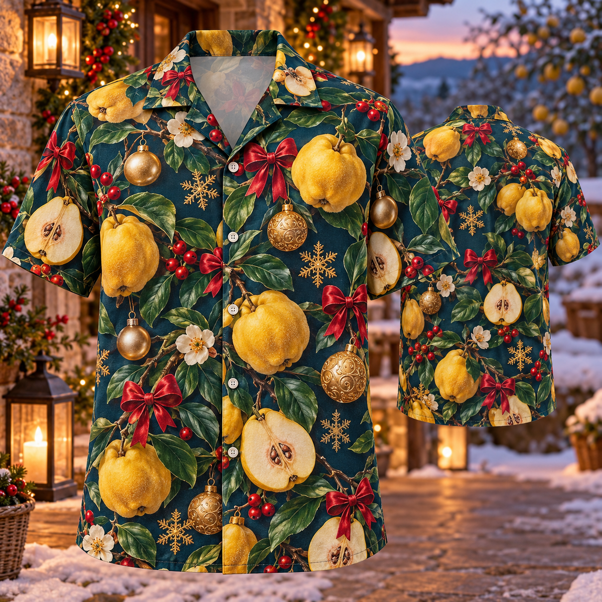 AlohaVero Christmas quinces Hawaiian shirt, front and back views