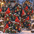 AlohaVero Christmas cardinals Hawaiian shirt, front and back views