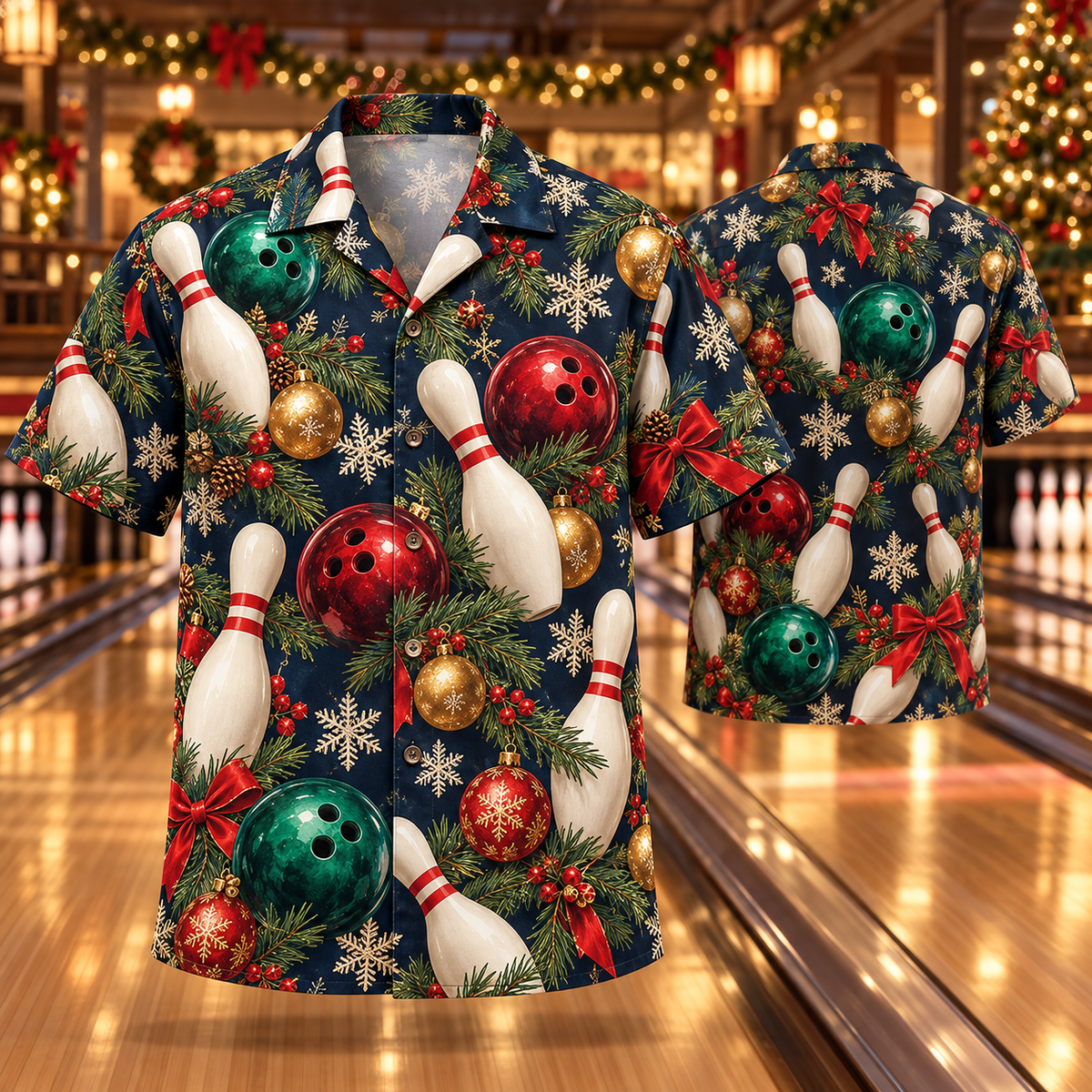AlohaVero Christmas bowling Hawaiian shirt, front and back views