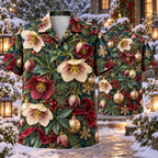 AlohaVero Christmas hellebores Hawaiian shirt, front and back views