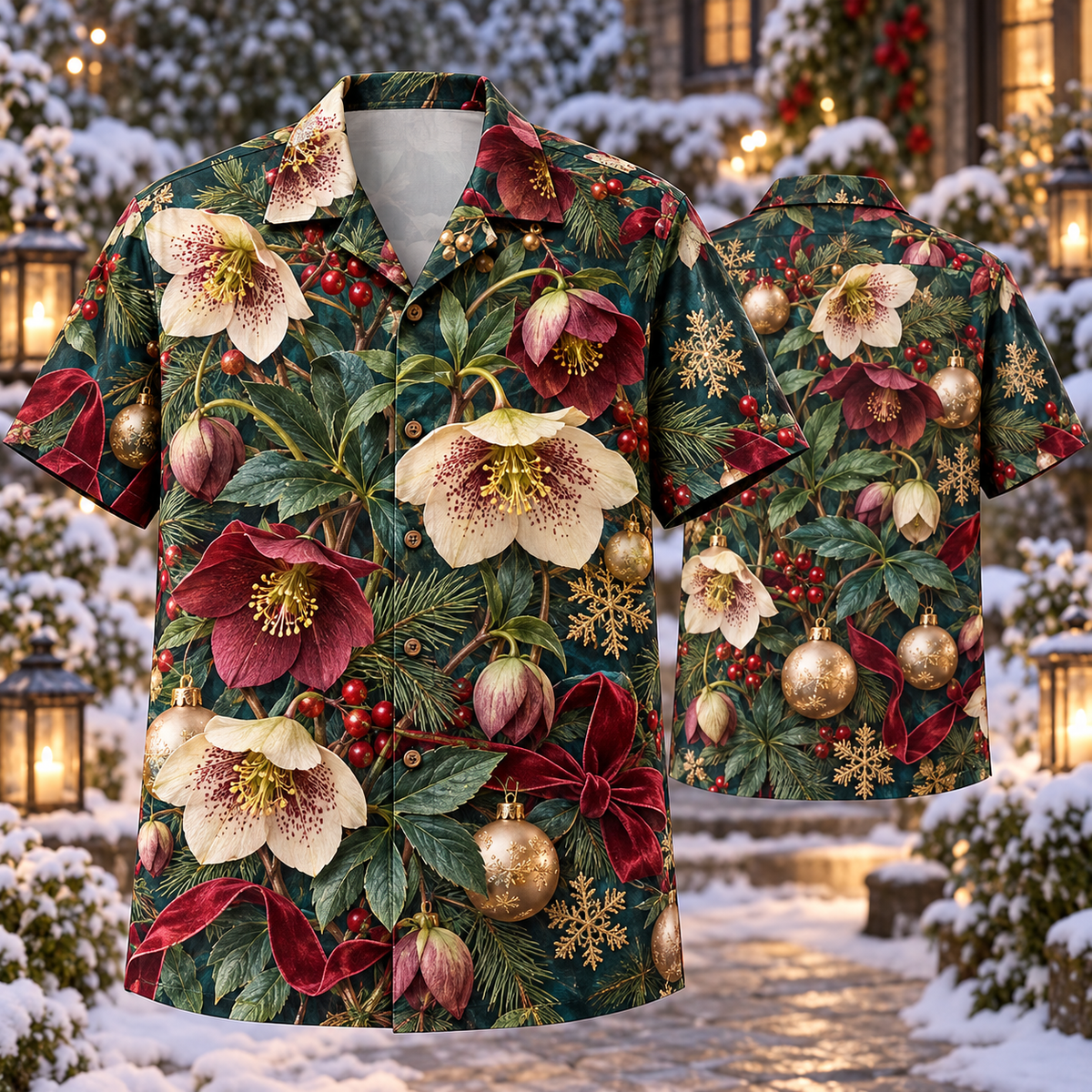 AlohaVero Christmas hellebores Hawaiian shirt, front and back views