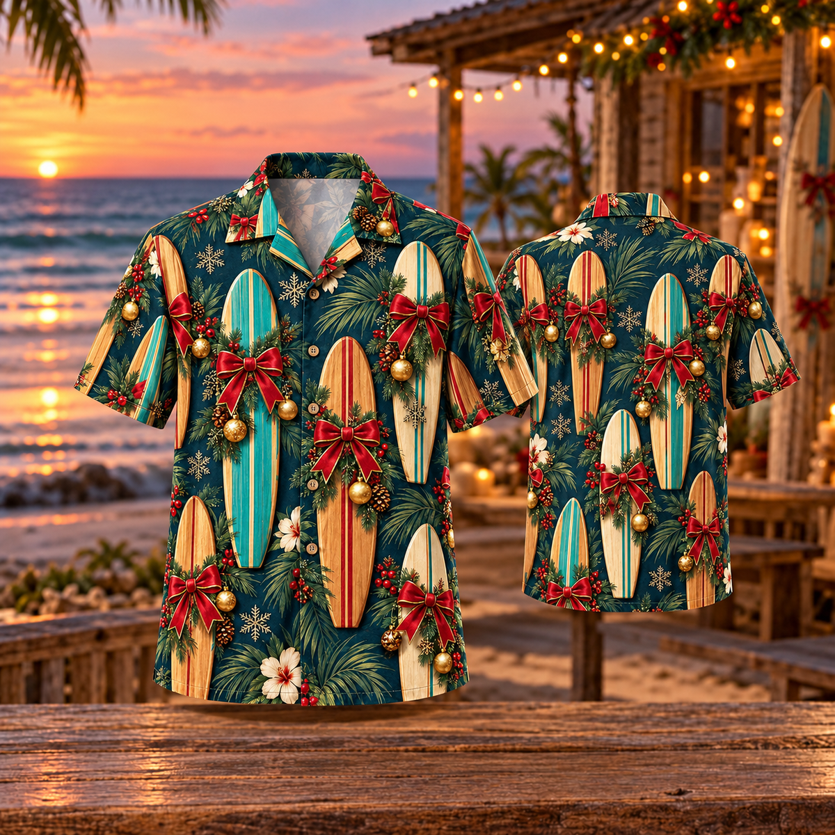 AlohaVero Christmas surfboards Hawaiian shirt, front and back views
