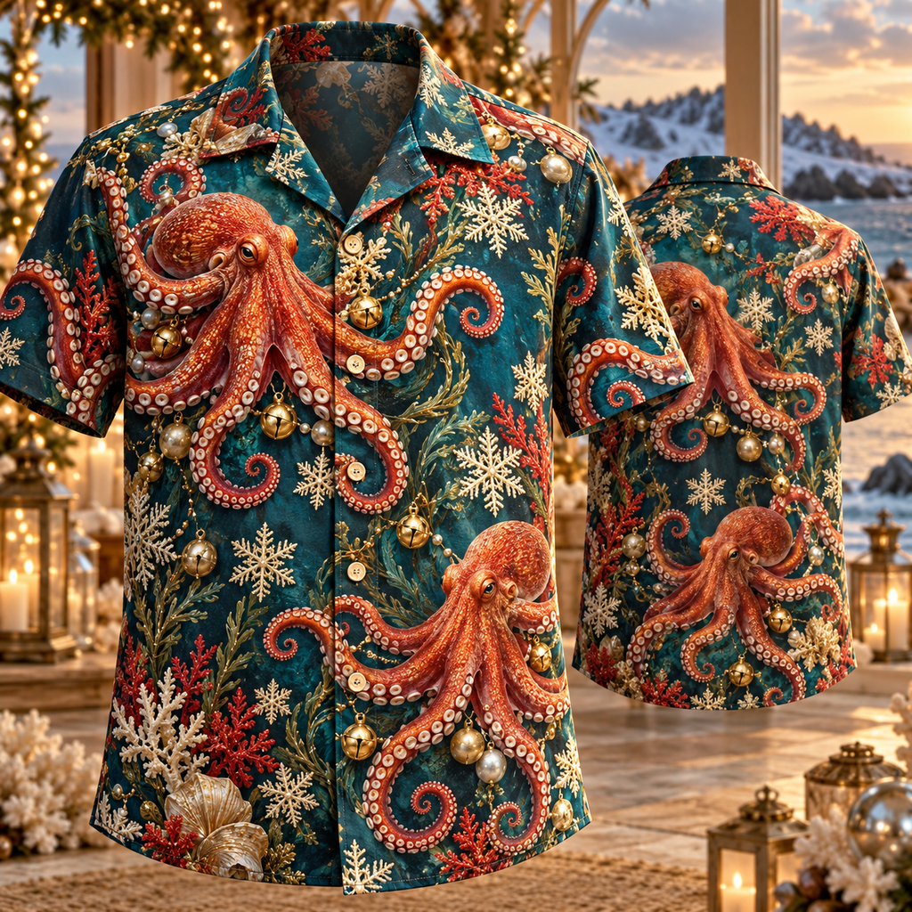 AlohaVero Christmas octopuses Hawaiian shirt, front and back views
