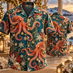 AlohaVero Christmas octopuses Hawaiian shirt, front and back views