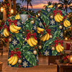 AlohaVero Christmas bananas Hawaiian shirt, front and back views