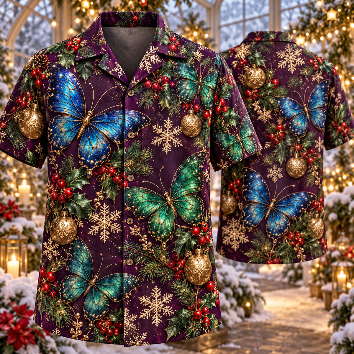 AlohaVero Christmas butterflies Hawaiian shirt, front and back views