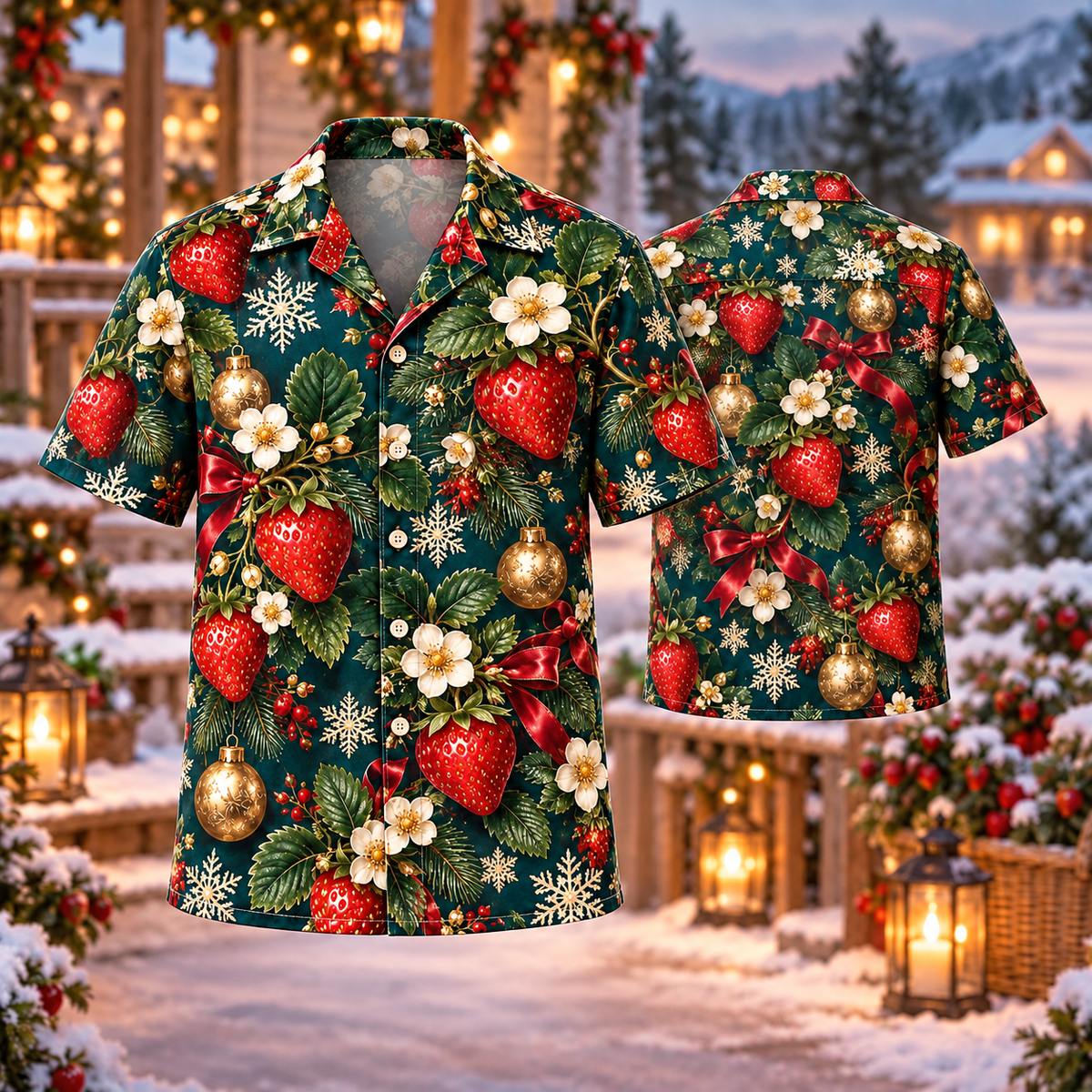 AlohaVero Christmas strawberries Hawaiian shirt, front and back views