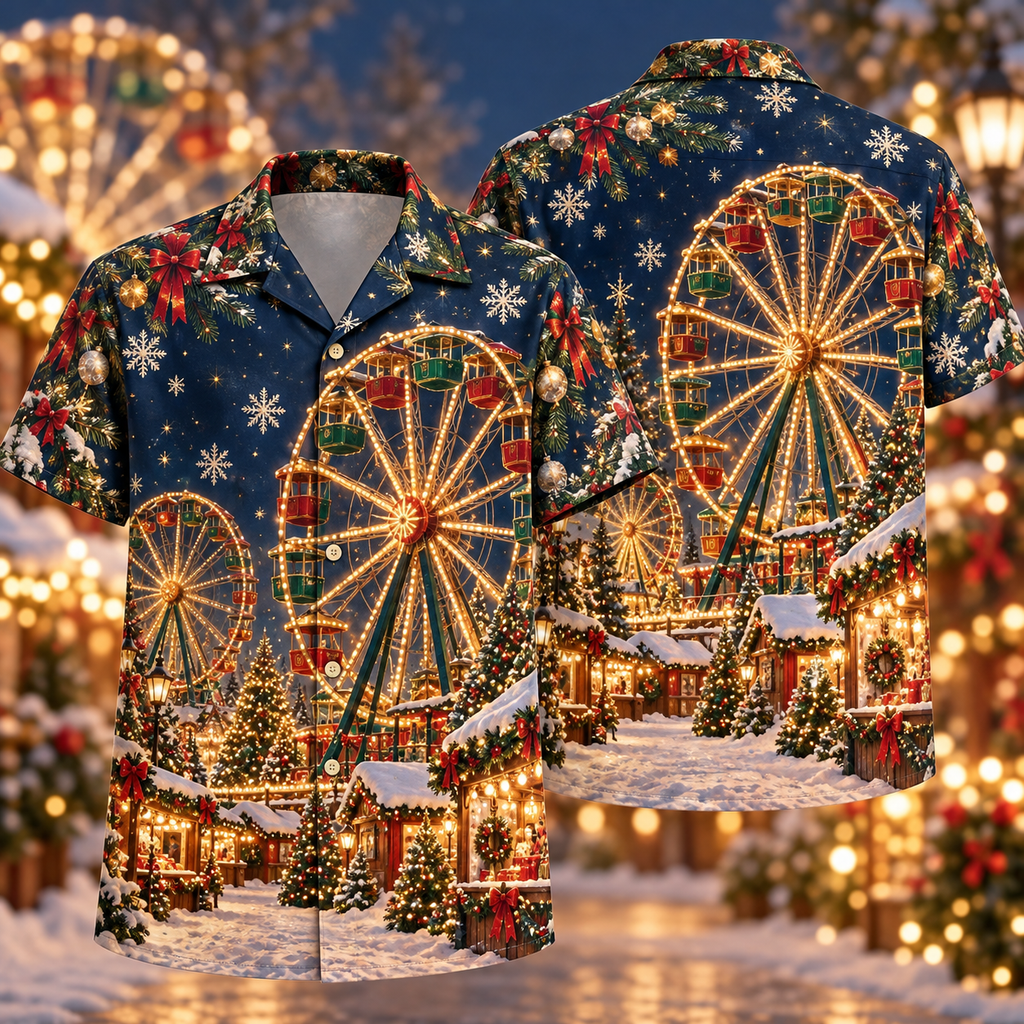 AlohaVero Christmas Ferris wheels Hawaiian shirt, front and back views