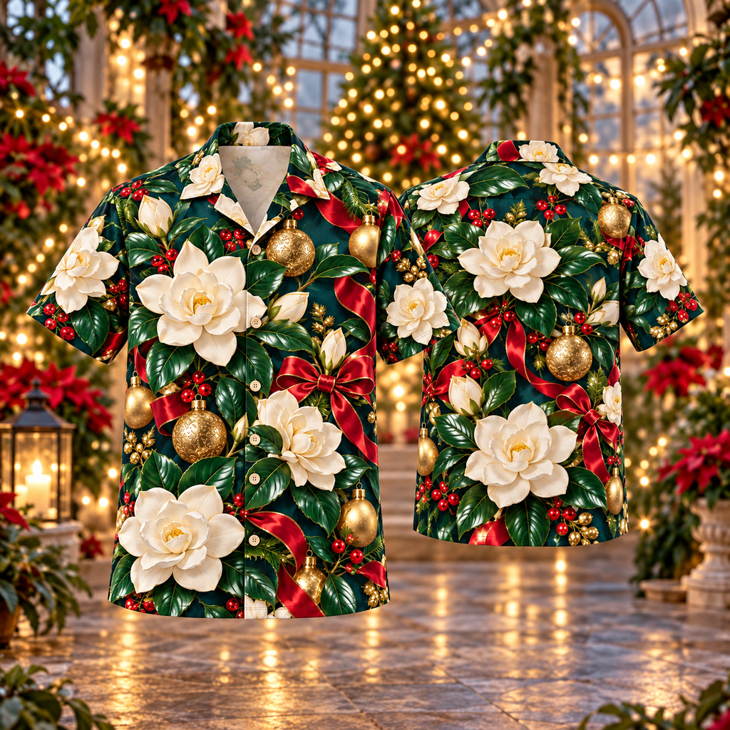 AlohaVero Christmas gardenias Hawaiian shirt, front and back views