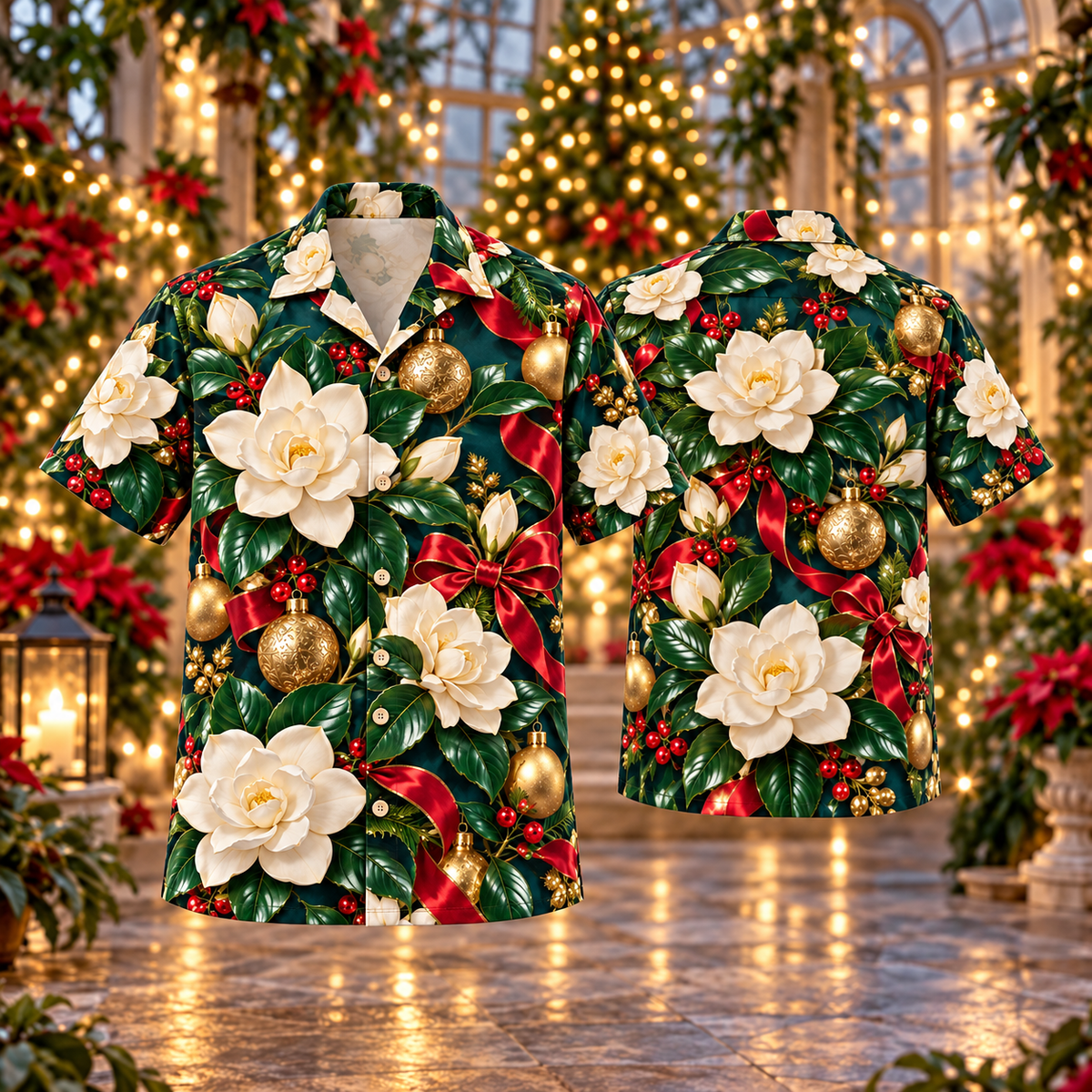 AlohaVero Christmas gardenias Hawaiian shirt, front and back views