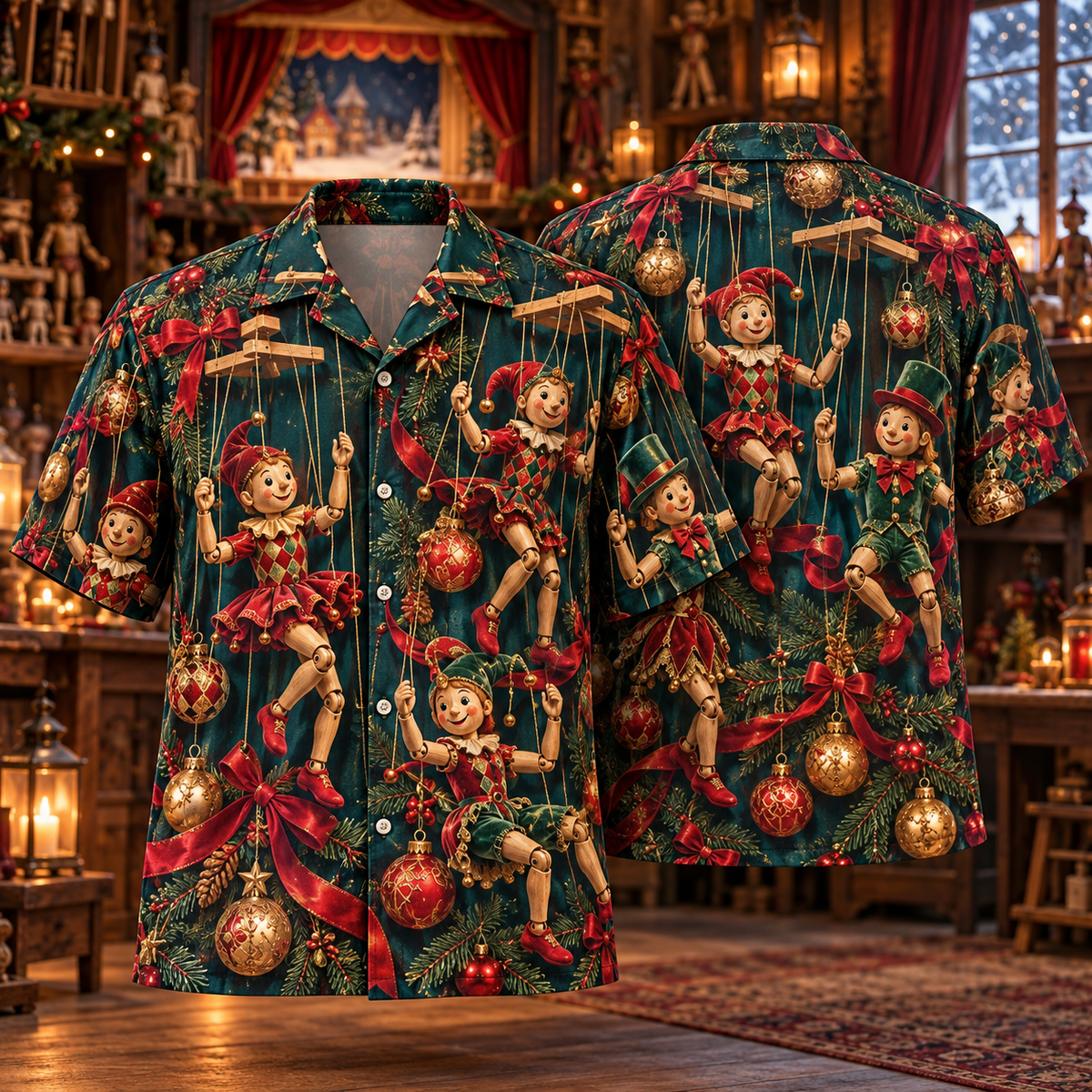 AlohaVero Christmas marionettes Hawaiian shirt, front and back views