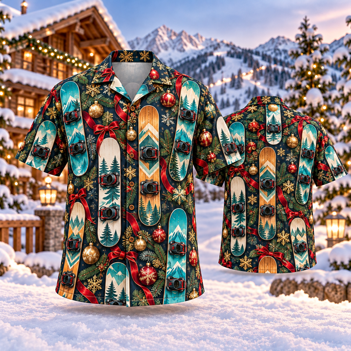 AlohaVero Christmas snowboards Hawaiian shirt, front and back views