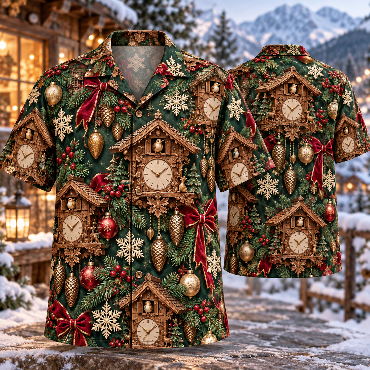 AlohaVero Christmas cuckoo clocks Hawaiian shirt, front and back views