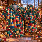 AlohaVero Christmas building blocks Hawaiian shirt, front and back views