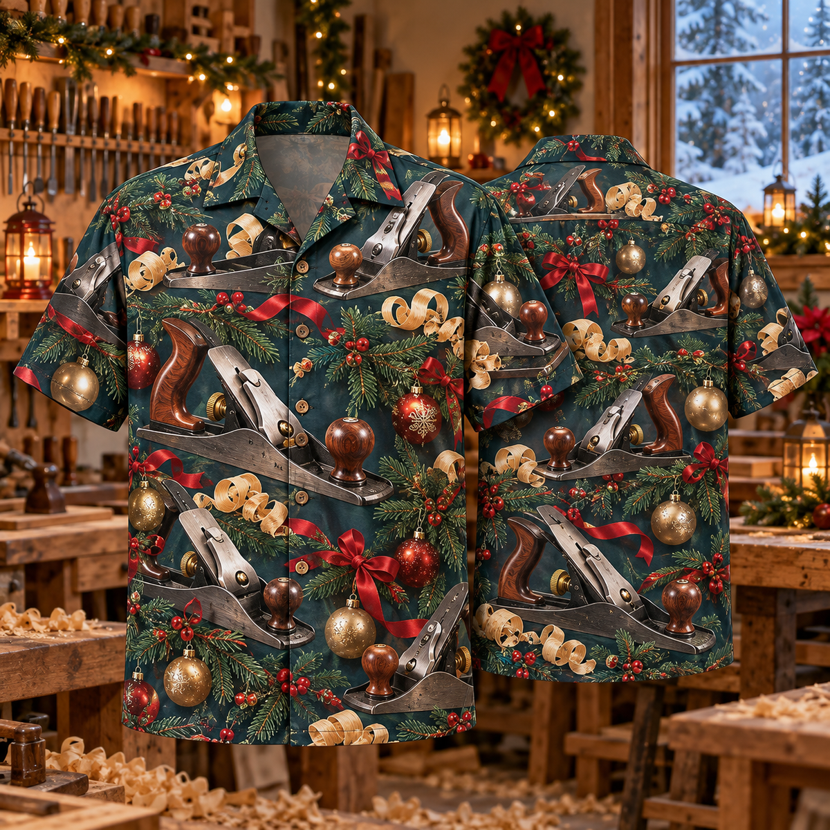 AlohaVero Christmas hand-planes Hawaiian shirt, front and back views