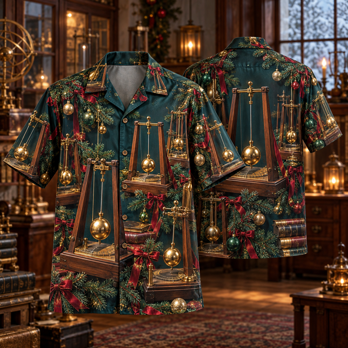 AlohaVero Christmas pendulums Hawaiian shirt, front and back views
