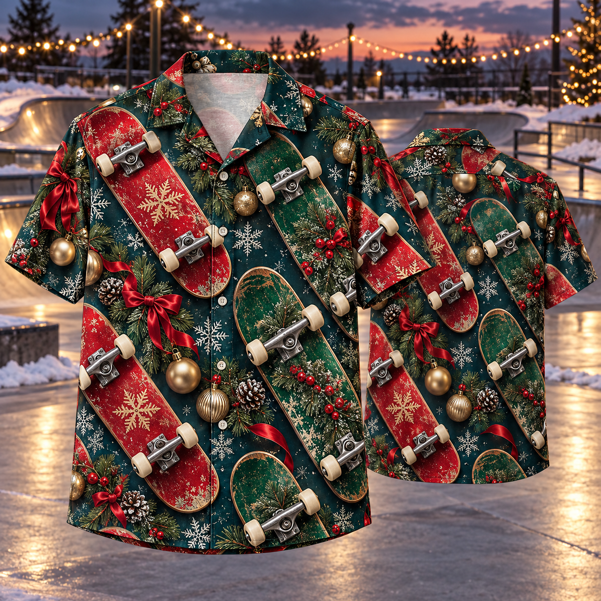 AlohaVero Christmas skateboards Hawaiian shirt, front and back views