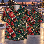 AlohaVero Christmas skateboards Hawaiian shirt, front and back views