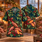 AlohaVero Christmas sweet potatoes Hawaiian shirt, front and back views
