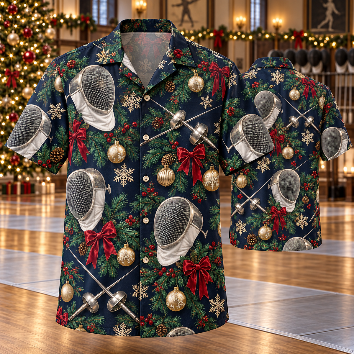 AlohaVero Christmas fencing Hawaiian shirt, front and back views
