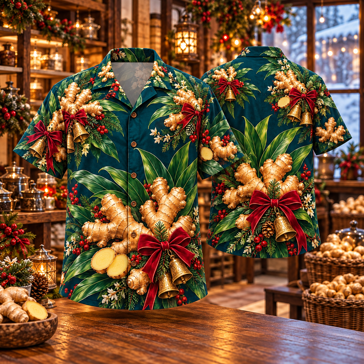 AlohaVero Christmas ginger roots Hawaiian shirt, front and back views