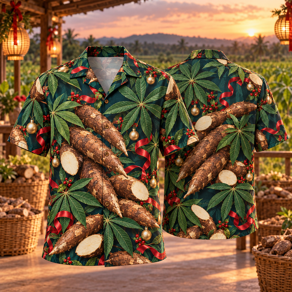 AlohaVero Christmas cassava Hawaiian shirt, front and back views