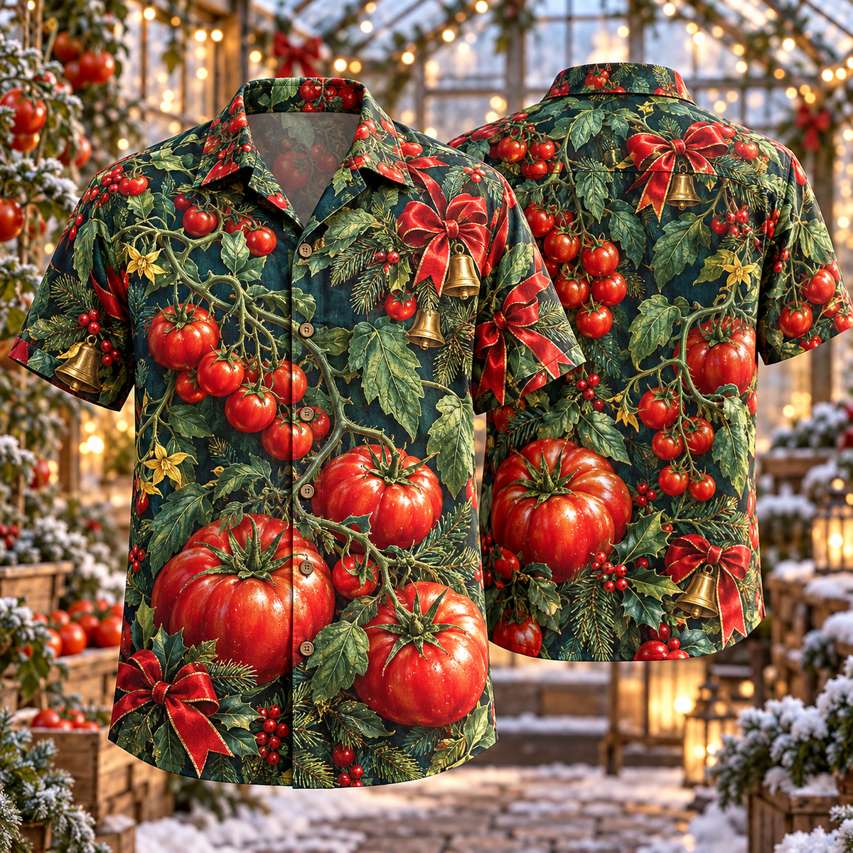 AlohaVero Christmas tomatoes Hawaiian shirt, front and back views