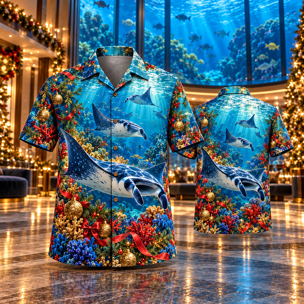AlohaVero Christmas manta rays Hawaiian shirt, front and back views