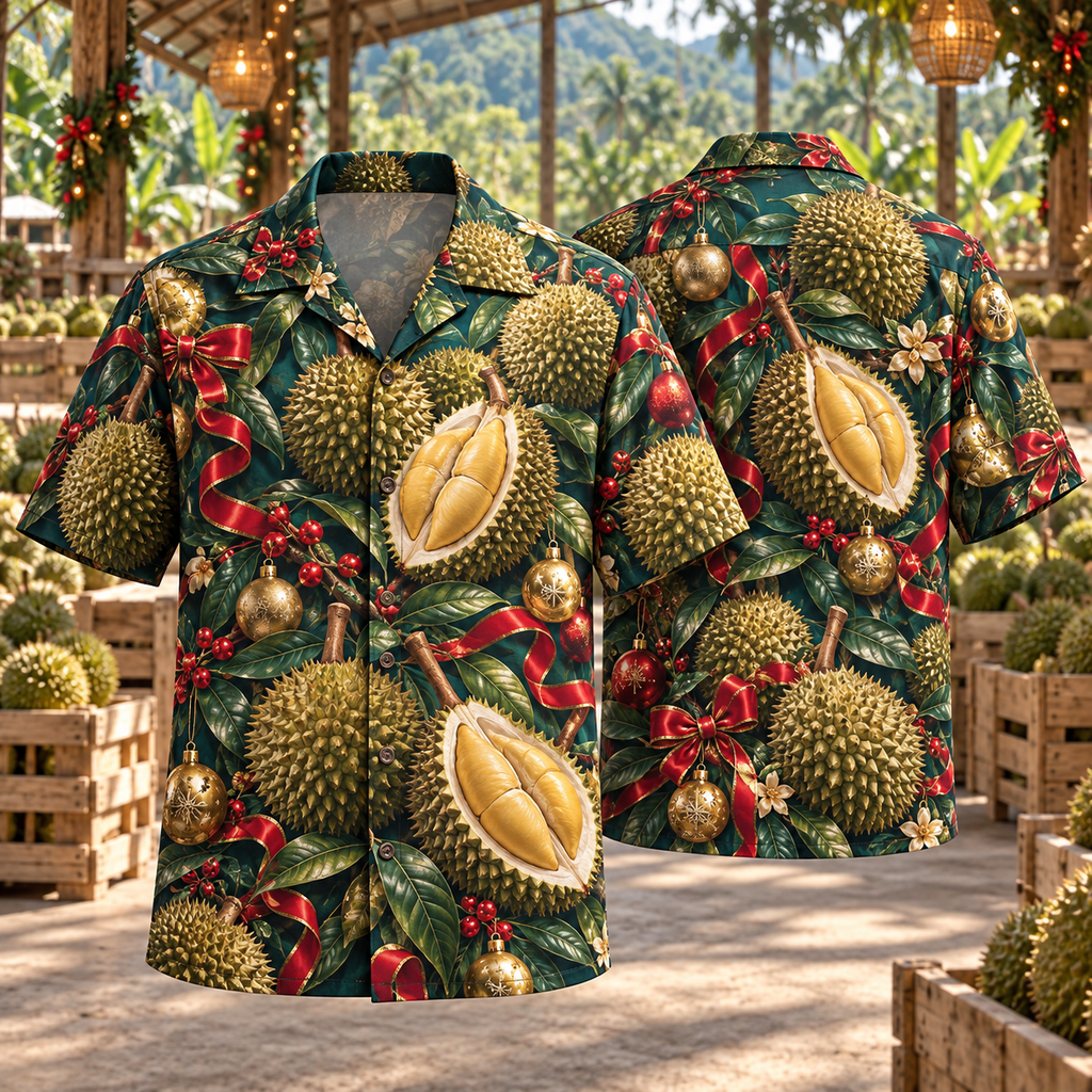 AlohaVero Christmas durians Hawaiian shirt, front and back views