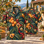 AlohaVero Christmas loquats Hawaiian shirt, front and back views