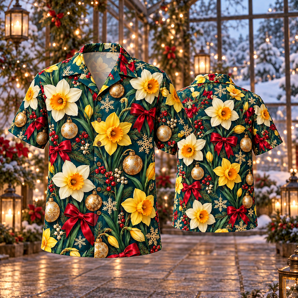 AlohaVero Christmas daffodils Hawaiian shirt, front and back views