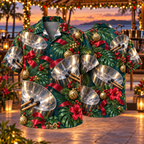 AlohaVero Christmas steelpans Hawaiian shirt, front and back views