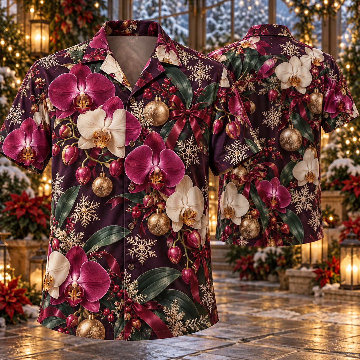 AlohaVero Christmas orchids Hawaiian shirt, front and back views