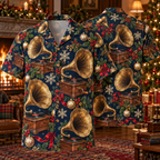 AlohaVero Christmas gramophones Hawaiian shirt, front and back views