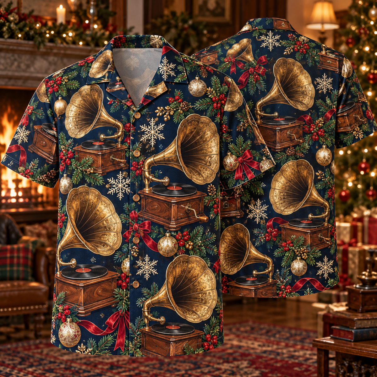 AlohaVero Christmas gramophones Hawaiian shirt, front and back views